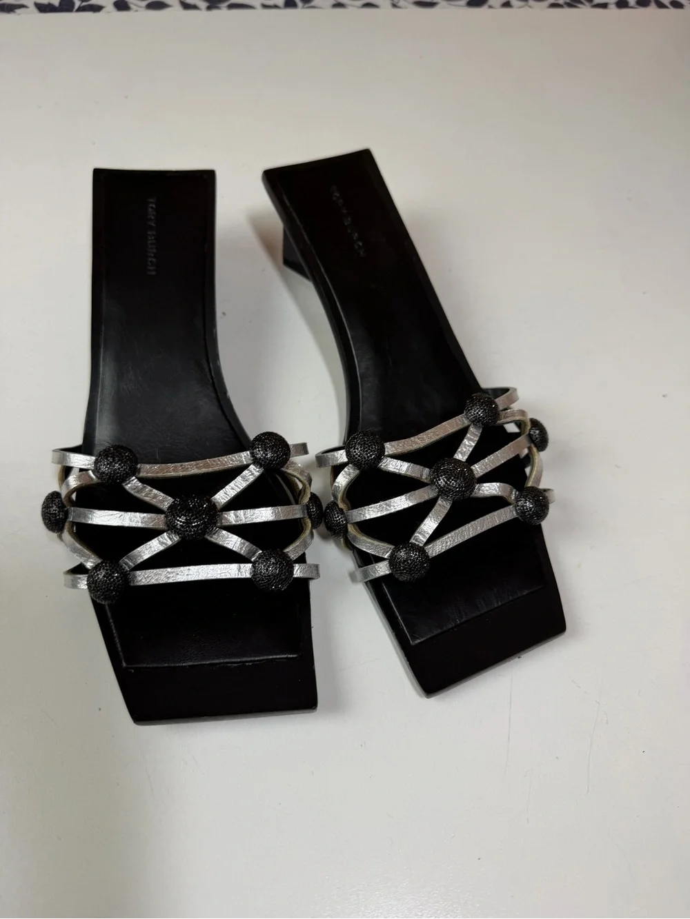 Tory Burch Black Crystal Bobble Silver Metallic Leather Square Toe Low Heels 8.5